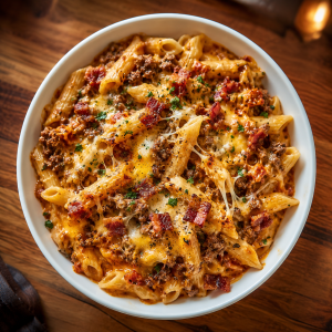 Meaty Macaroni Cheese in a creamy cheese sauce with minced beef, bacon, onions, garlic, herbs, and melted cheese topping served in a white bowl.